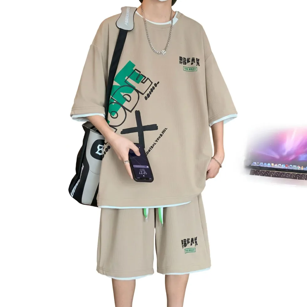 【20%OFFクーポン付き】メンズ セットアップ 夏 ハーフパンツ Tシャツ ストリート ビッグシルエット オーバーサイズ カジュアル 五分袖 プリント 重ね着風 上下セット 通気 涼しい さっぱり やわらか ストレッチ ヒップ
