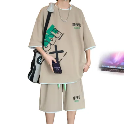 【20%OFFクーポン付き】メンズ セットアップ 夏 ハーフパンツ Tシャツ ストリート ビッグシルエット オーバーサイズ カジュアル 五分袖 プリント 重ね着風 上下セット 通気 涼しい さっぱり やわらか ストレッチ ヒップ