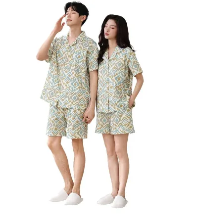 【20%OFFクーポン付き】パジャマ レディース メンズ カップ付き ルームウェア カップル ペアパジャマ 綿 前開き 半袖 ショートパンツ 上下セット 部屋着 襟付き ダイヤ柄 幾何学模様 通気性 肌に優しい 吸湿 夏用