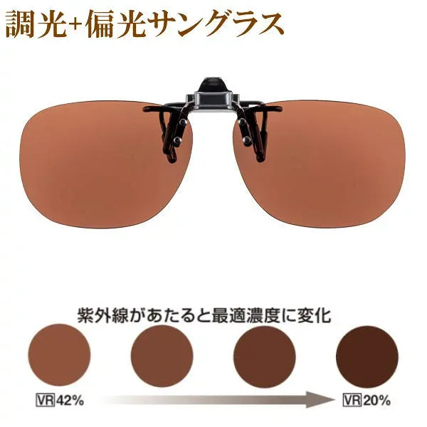 最大100%Pバック当選確率1/2 Mサイズ 偏光 調光サングラス クリップオン 跳ね上げ 前掛け メガネにつける レンズの色 濃さ 濃度が変化する 調光レンズ 偏光レンズ 偏光サングラス 偏光度99%以上 おしゃれ 紫外線 UVカット 釣り フィッシング ドライブ スポーツ ブラウン