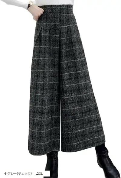 シルエットがきれい ガウチョパンツ ワイドパンツ レディース 秋冬 きれいめ ボトムス ロング 冬服 通勤 オフィスカジュアル ウエストゴムで調整可能 ポケット付き (グレー(チェック), 2XL)