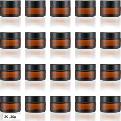 クリーム容器 遮光瓶 ガラス製 ジャー 詰め替え 保存用 中蓋付き (茶色, 30g, 20個)