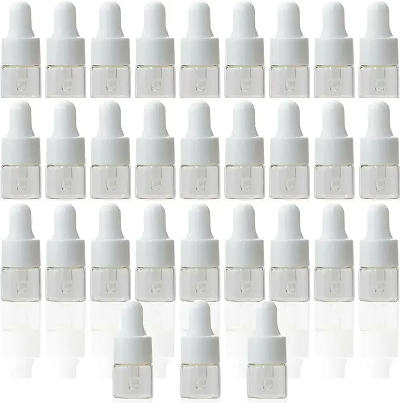 スポイト瓶 スポイトボトル ガラス製 1ml アロマオイル アロマ保存容器 白色 精油 香水 サンプル容器 小分け 詰替えボトル クラフト商材 (透明・白, 30本)