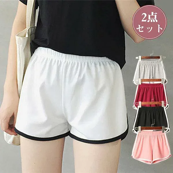 ショートパンツ レディース 2点セット トレーニングウェア フィットネスウェア 短パン 着痩せ 体型カバー ウエストゴム ランニング