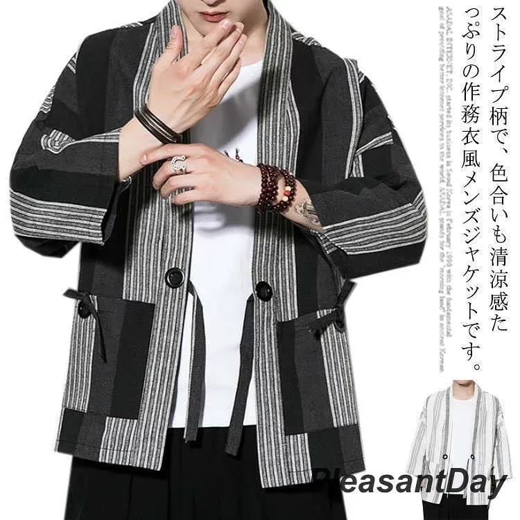 羽織り カーディガン メンズ 大きいサイズ 麻 七分袖 ストライプ 縦縞 リネン混 綿混 和柄 和服 法被 甚平 作務衣風 夏 涼しい 祭