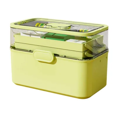 First Aid Kit, Medicine Box, First Aid Box, Medicine Case, First Aid Set, 3 Layer Foldable, Large Capacity, Sealed Waterproof, Easy to Carry, Disaster Medicinal Bag, Sewing Box, Tool Box, Accessory Holder, Multifunctional Medicine Case, Medicine Storage Box, Home Use, Safety Lock, Transparent Lid, Wave Shape Handle (Green,)