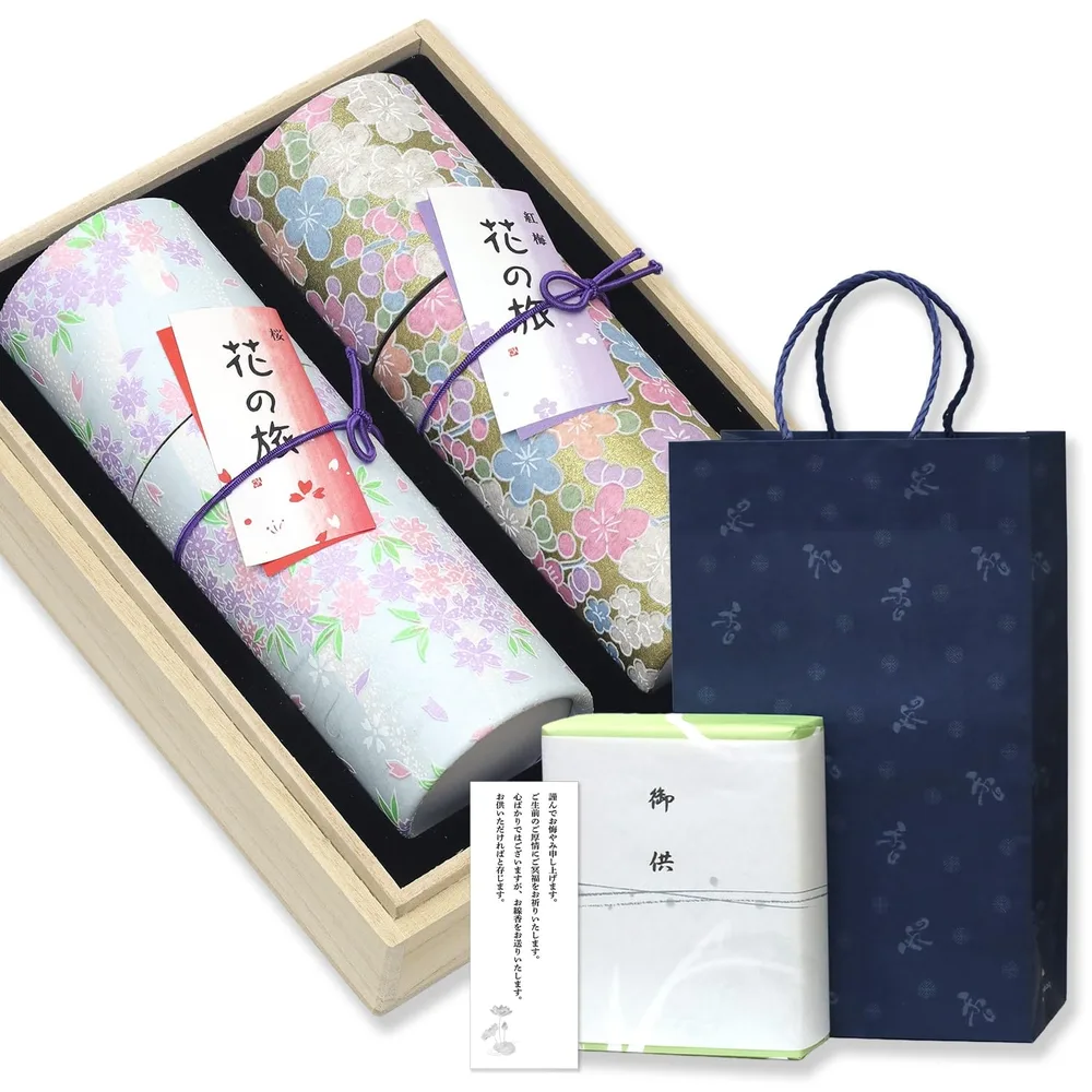 Condolence Incense Stick Gift, Paulownia Box, Flower Comparison, 2 Types, Sandalwood, Outside Sign, Condolence Letter, Carrying Bag Included, Made in Japan, Low Smoke, For Gifts, Incense Sticks, For Buddhist Altars, Memorial Service, 1st Anniversary