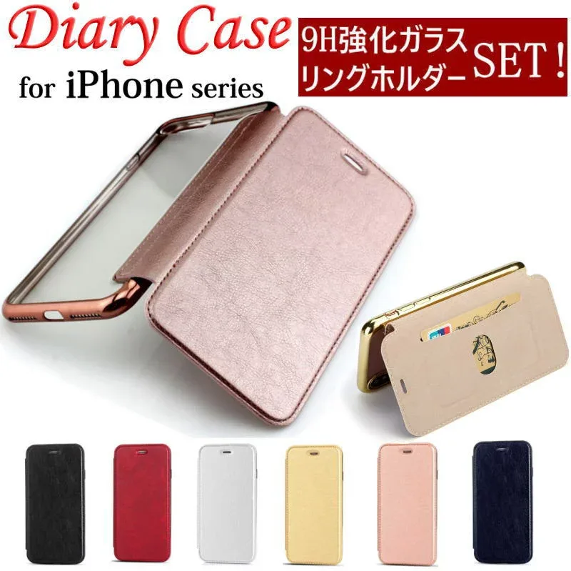 【強化ガラス+リングホルダー付き】 手帳型ケース iPhone 17e 18 Pro Max 17 Air 17Pro Max 16e 16 16Pro Max 16Plus 15 ケース 15Plus 15Pro Max 14Plus 14 14Pro Max SE 第3世代 13 13promax 13mini 12 12Pro 12mini 第2世代 手帳型カバー 背面クリア 透明 TPU カード収納