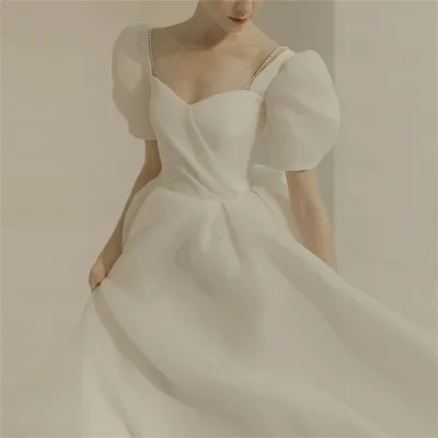 ピア 二次会ドレス お呼ばれ 花嫁ドレス 上品 フレンチ風 編み上げ ロングドレス ワンピース シンプル パーティードレス 二次会