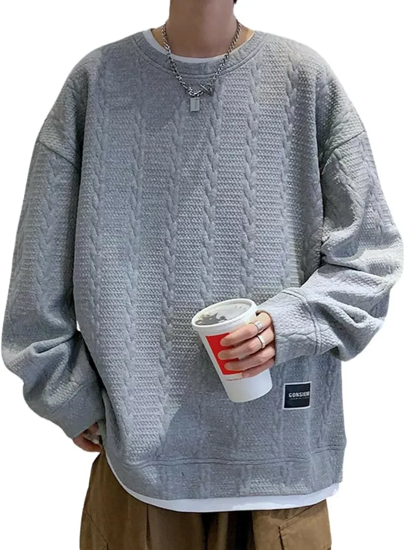 ゆったり トレーナー メンズ 重ね着風 長そでTシャツ 秋服 トップス プルオーバー 長袖 丸襟 カジュアル 襟なし 無地 立体柄 フェイクレイヤード (グレー, 3XL)