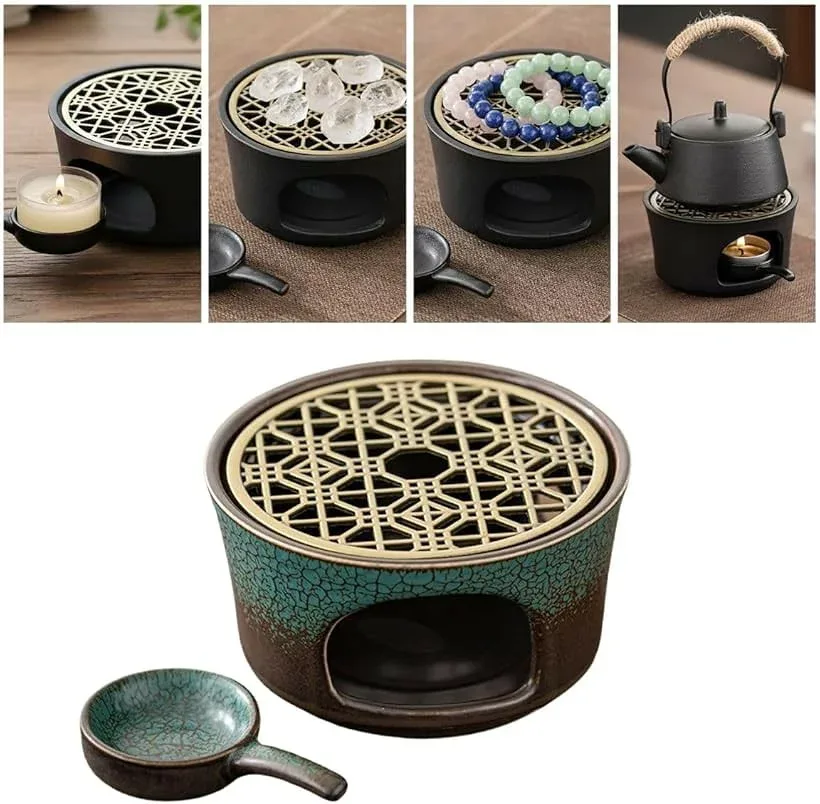 香炉 アロマポット セージ パワーストーン 浄化 パロサント 受け皿 陶器 お香 (グリーン, 6x11cm)