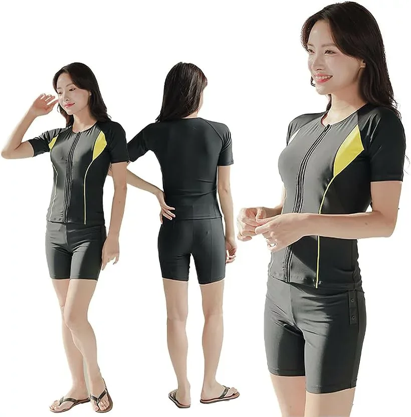 フィットネス 水着 レディース セパレート 半袖 上下セット めくれ防止 スクール UVカット ファスナー 袖付 体型カバー カップ付 (イエロー, M)