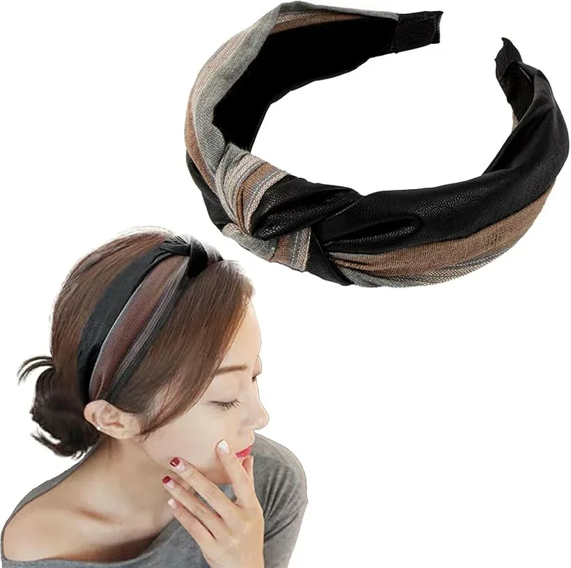 カチューシャ 韓国風 幅広バイカラーヘアバンド 綿麻xPUレザー素材 ツイストデザイン 痛くなりにくい滑り止め付き おしゃれヘアアクセサリー 普段使いにも (マルチ, 中型以上)